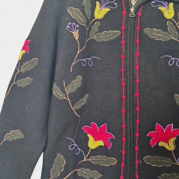 VTG 90s Tally-ho 100% Wool Floral Embroidered Zip Cardigan Jacket S Fall Artsy - Picture 2 of 9